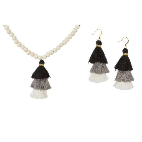 BNWT Initials Inc Wooden Tassel Necklace and Earing set. Color: Black Ombre - Picture 1 of 7